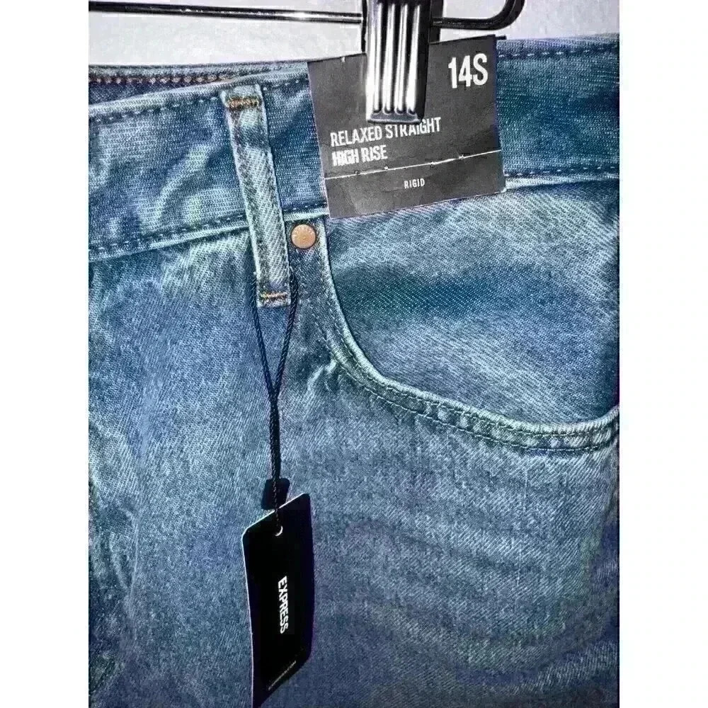 Express Women’s Jeans Relaxed‎ Straight High Rise Rigid 14S 14 Short NWT - Picture 2 of 9